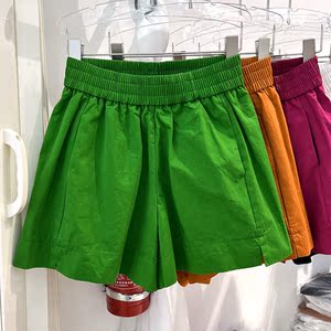 松紧腰绿色短裤女夏季高腰显瘦a字阔腿热裤小个子工装休闲五分裤