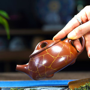 宜兴紫砂壶全手工|顾玲玲-描金石瓢-底槽清-260cc