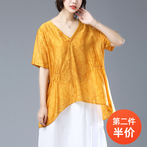 半袖女2019新款夏季韩版黄色V领T恤女短袖宽松休闲显瘦棉麻上衣潮