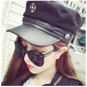 蓓蕾帽 女韩版刺绣毛呢平顶海军帽女士克罗心十字架八角帽贝雷帽