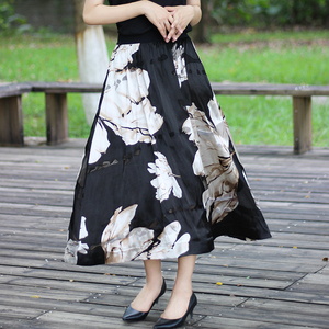 真丝半身裙女夏季薄款松紧腰烂花绡大花朵印花桑蚕丝中长款a字裙