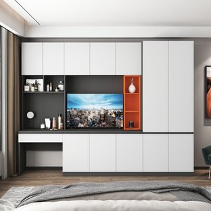 实木衣柜电视柜一体书桌组合墙柜背景墙客厅满墙储物柜书柜定制