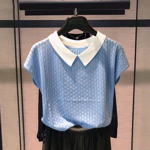 正品哥弟新款女装2022夏半袖宽松翻领收腰镂空冰丝针织衫短袖t恤