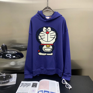 【正确版本】刺绣卡通哆啦a梦蓝胖子图案可爱复古旧蓝色连帽卫衣
