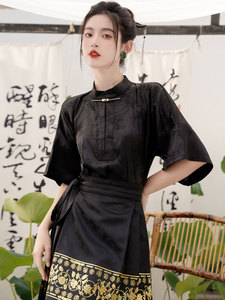 马面裙上衣汉服女装夏季新中式国风飞机袖衬衫汉元素黑色短袖衬衣