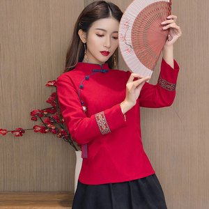 夏季汉服民国复古红色唐装改良版旗袍上衣中国风禅意茶艺服两件套