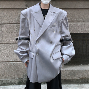 韩国小众设计液态流光亮面银色西装男皮带扣拼接网红炸街西装外套