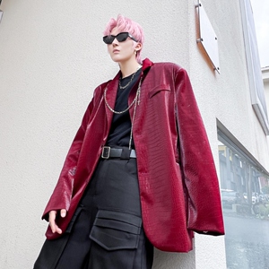 韩国小众设计感pu皮衣红色西装外套男高级感潮牌廓形垫肩机车西服