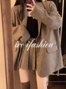 iro ifashion学院风时尚格子西装外套复古高腰百褶半身裙两件套女