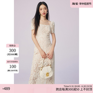 MandyZhang白色重工蕾丝方领连衣裙夏季女法式轻奢气质修身长裙子
