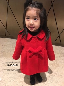 JOJObaby女童毛呢2017新款冬装外套中长款羊绒红色大衣潮A01