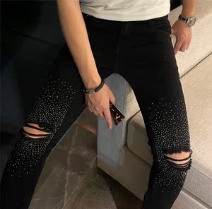 2022夏季新款个欧货潮牌烫钻黑色修身小脚牛仔裤男弹力潮流长裤子