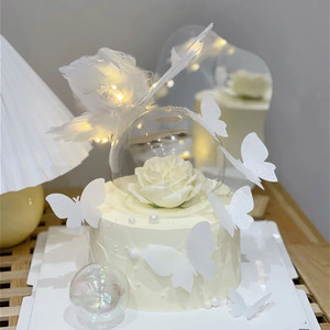 网红白色羽毛蝴蝶翅膀水晶球摆件情人节女神生日甜品蛋糕装饰插件