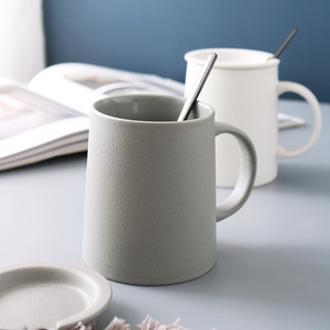 欧式磨砂陶瓷杯子带盖勺粗陶复古风马克杯咖啡杯家用早餐燕麦水杯
