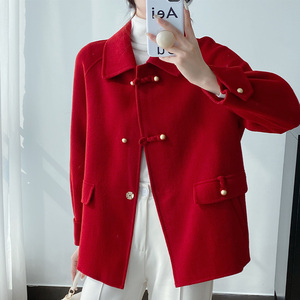 红色外套秋冬女短款小个子高级感上衣妈妈双面羊绒大衣短外套新款