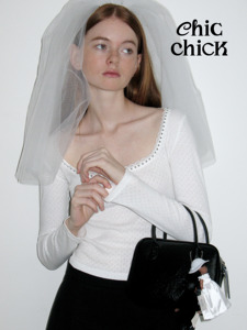 ChicChick时髦小鸡18朱丽叶钉珠蕾丝花边纯白提花纯棉针织打底衫
