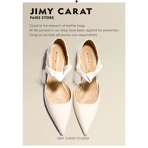 JIMY CARAT真皮白色扭结蝴蝶结中空粗跟单鞋法式配裙子中低跟鞋女