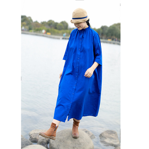蓝色亚麻袍子女夏宽松禅意茶服文艺胖mm民族风女装大码棉麻连衣裙