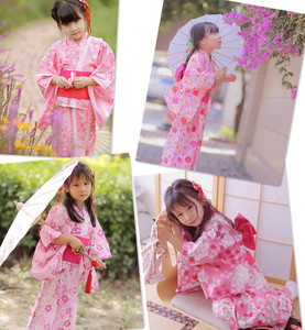 日本女儿童和服浴衣配腰封日式宝宝纯棉樱花正装振袖和服粉樱花