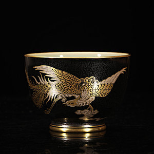 华隐堂 手绘黑晶釉青瓷描金凤凰杯 精品主人杯茶碗功夫茶具品茗杯