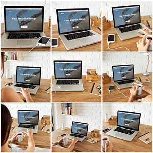 苹果笔记本电脑显示屏界面工作台桌面效果图vi智能图层ps样机素材