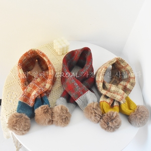 可儿妈韩韩的儿童围巾圣诞风围脖男女童交叉毛球针织毛线围巾亲子