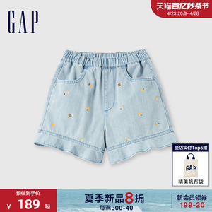 Gap女童2024夏季新款纯棉荷叶边满印牛仔短裤儿童装休闲裤466727