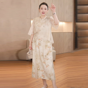 气质妈妈夏装新中式国风立领上衣半身裙两件套中老年女士时尚套装
