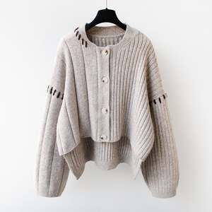 sandro veneta 2022欧货不对称开衫毛衣短款宽松加厚针织衫女上衣