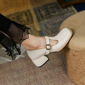 黑海岸 春款女鞋2022新款潮真皮丁字鞋法式高跟单鞋女气质小皮鞋