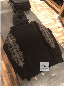 美国 Chrome Hearts 克罗心 花臂皮十字袖套头连帽卫衣羊绒帽衫