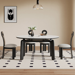 法式复古大象脚实木伸缩岩板餐桌可变圆桌小户型白蜡木实木餐桌