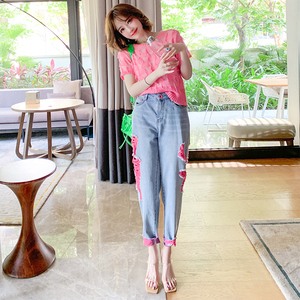 miuco高腰撞色破洞卷边裤脚时髦洋气牛仔裤女装2023春季新款