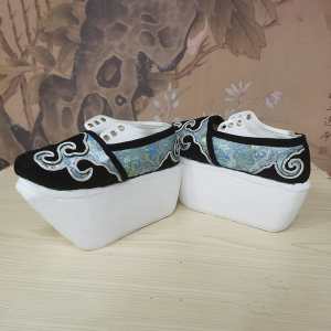 越剧戏曲舞台演出专业云靴盖履蓝色小生鞋牛皮纸底系鞋带现货定做