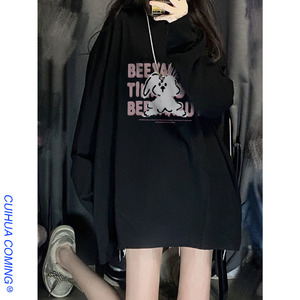 黑色长袖t恤卫衣女春秋季设计感小众韩版宽松美式复古美式上衣潮