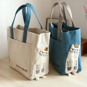 优质环保纯棉出口日本创意猫咪多口袋饭盒包妈咪包补课包大手提包