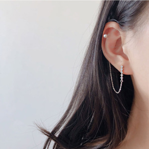 原创个性双耳洞珍珠耳环 925纯银简约时尚韩版连体耳坠耳骨耳钉女