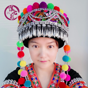 精品绣花哈尼族女帽 云南黑色刺绣毛球头饰手工民族帽 服装配饰品