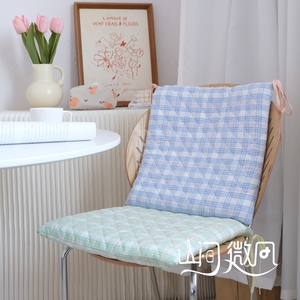 绿色可拆洗记忆棉坐垫乳胶椅子飘窗ins韩式少女格子系带方形椅垫