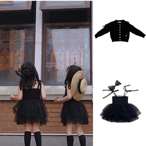 miyababy 女童黑色网纱裙套装春夏吊带连衣裙儿童蓬蓬裙针织外套