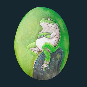 纯手绘蛙老板石头画摆件饰品赠送礼品带支架