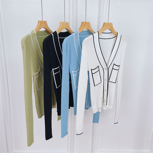 重磅细支珠纱小香风v领薄款针织弹力开衫女