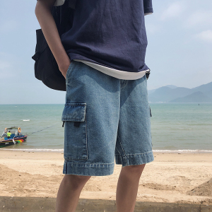 牛仔短裤男ins宽松直筒五分裤韩版夏季青少年简约浅色工装中裤潮