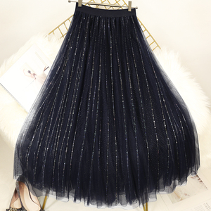 黑色星空亮片网纱半身裙显瘦垂感长裙秋冬银河中长款亮丝仙女纱裙
