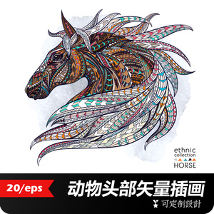 欧式大象马狮子老虎鹰动物头部矢量装饰线稿线描卡通彩色素材插画