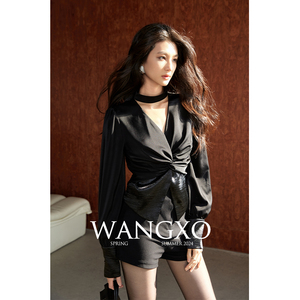 WANGXO丨高定贵感哑光华尔缎丨V领挂脖收腰拼接设计感长袖衬衫女
