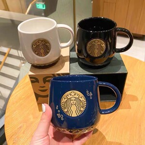 星巴克马克杯子男女大容量情侣陶瓷水杯经典铜章牌杯带盖勺咖啡杯