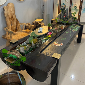 香樟木大型循环流水茶台禅意茶室曲水流觞茶几客厅景观一体泡茶桌
