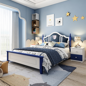 万家家男孩地中海王子床实木儿童床男孩床青少年美式男童套房组合