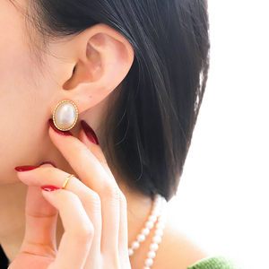 荒年定制/待月/18k金镶嵌天然日本马贝海水珍珠椭圆耳钉复古耳环
